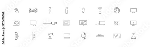 Smart home device thin line icon collection including security cameras digital locks wireless routers lighting systems remote controllers speakers television screens and automation sensors.