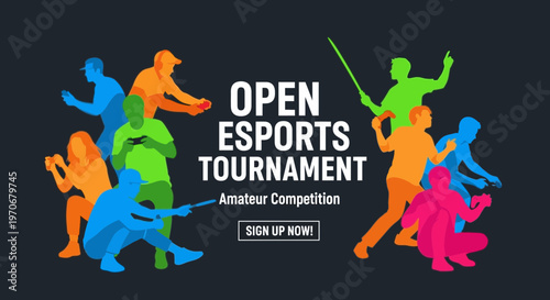 Open Esports Tournament Event Featuring Colorful Gamer Silhouettes and Sign Up Banner