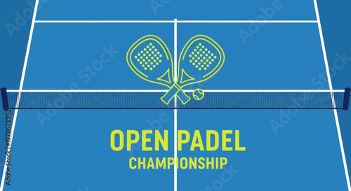 Open Padel Championship Illustrated on Blue Court with Paddles and Ball Vector Design