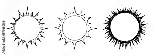 Solar eclipse set with an annular ring and clean line art design featuring astronomical phenomena, celestial events, sun with moon and space