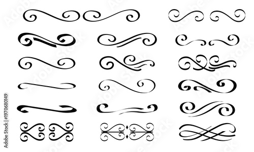 Hand drawn ink swirls and decorative borders collection. Elegant brush ink dividers with hand drawn swirls set