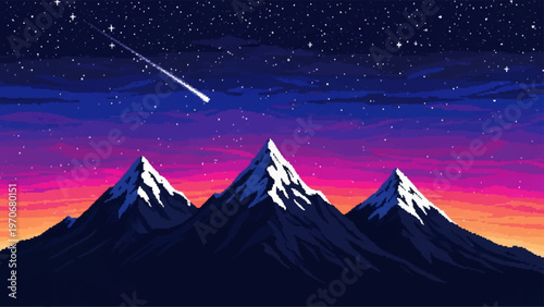 A vibrant pixel art landscape featuring mountains and a shooting star