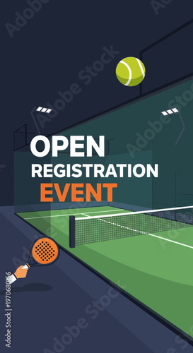 Open Registration Event: Dynamic Tennis Action, Court Scene Illustration with Vibrant Colors and