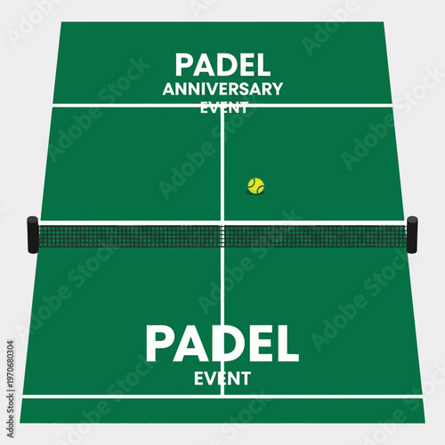 Padel Court Anniversary Event Illustration: Green Field with Tennis Ball and Net Design