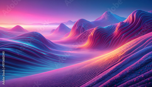 Abstract 3D landscape with colorful flowing hills and vibrant lighting, ideal for futuristic backgrounds, digital art, and creative design concepts.
