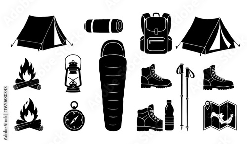 Camping and hiking equipment silhouettes – outdoor adventure icon set