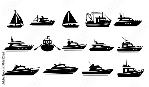 Boat silhouettes set – 10 nautical vector icons in rows