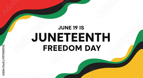 Juneteenth Freedom Day vector illustration featuring bold text and abstract Pan-African colors on a clean white background, commemorating June 19th.