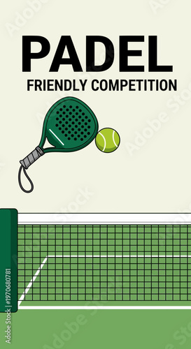 Padel Friendly Competition Illustration Depicting Racket, Ball, And Net on Cream Background
