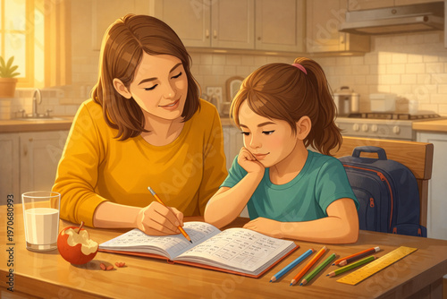 Mother Helping Daughter with Math Homework Vector Illustration