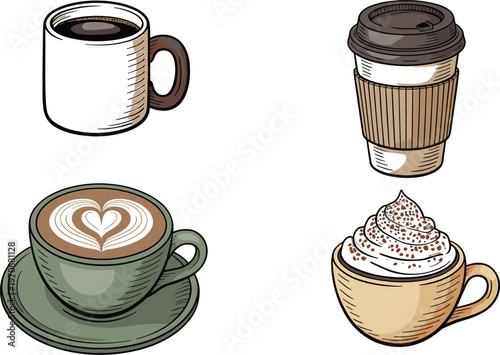 Coffee cup vector illustration set featuring latte art cappuccino with whipped cream espresso mug and takeaway paper cup isolated on white