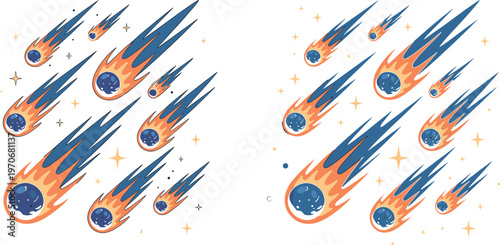 Colorful falling comets and meteorites with fire tails in starry space vector illustration set for cosmic galaxy background design