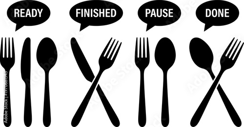 Dining etiquette icons silhouette vector illustration featuring forks, knives, spoons, meal signals, restaurant motifs, and decorative food design