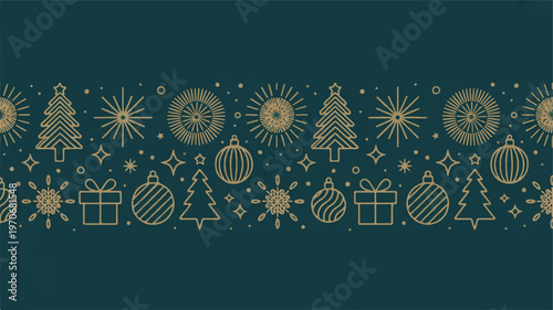 A festive holiday border featuring Christmas trees, ornaments, gifts, and stars on a dark green background with gold illustrations.
