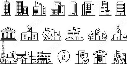 Building icons silhouette vector illustration featuring skyscrapers, courthouse, museum, church, hotel, community motifs, and decorative city design