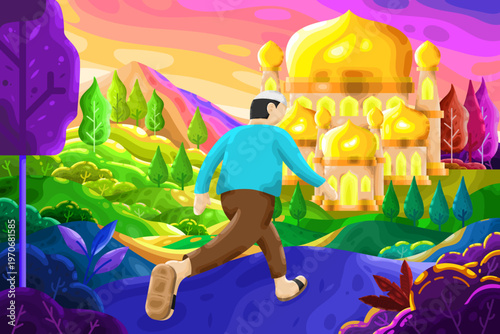 A Muslim man walks towards the mosque in the afternoon to perform the Maghrib prayer in the month of Ramadan