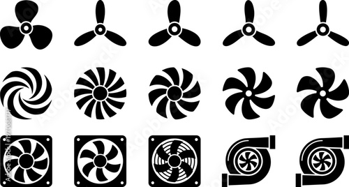 Fan and propeller icons silhouette vector illustration featuring mechanical turbines, ventilation units, cooling blades, and abstract rotation motifs