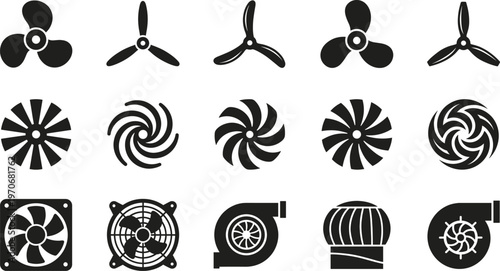 Fan and propeller icons silhouette vector illustration featuring turbines, ventilation units, mechanical motifs, and decorative abstract rotation design