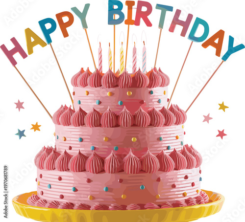 Happy Birthday cake with candles and colorful topper letters, festive celebration dessert with pink frosting and sprinkles