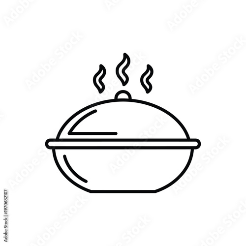 Steaming hot food bowl icon vector line art illustration simple contour of ceramic dish with lid and steam rising for warm dinner soup or organic meal concept isolated on white background.