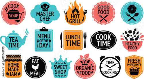 Food and cooking labels vector illustration featuring colorful icons, restaurant motifs, kitchen utensils, flames, and decorative meal designs