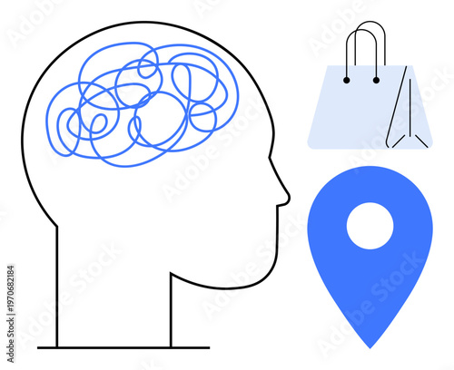 Decision making, consumer behavior, navigation, shopping habits, psychological analysis, marketing strategies. Silhouette of a head with tangled lines, shopping bag and location pin. Decision making