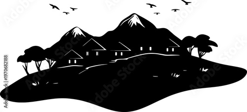 Rural Tribal Settlement Illustration with Grass Houses and Mountain Peaks