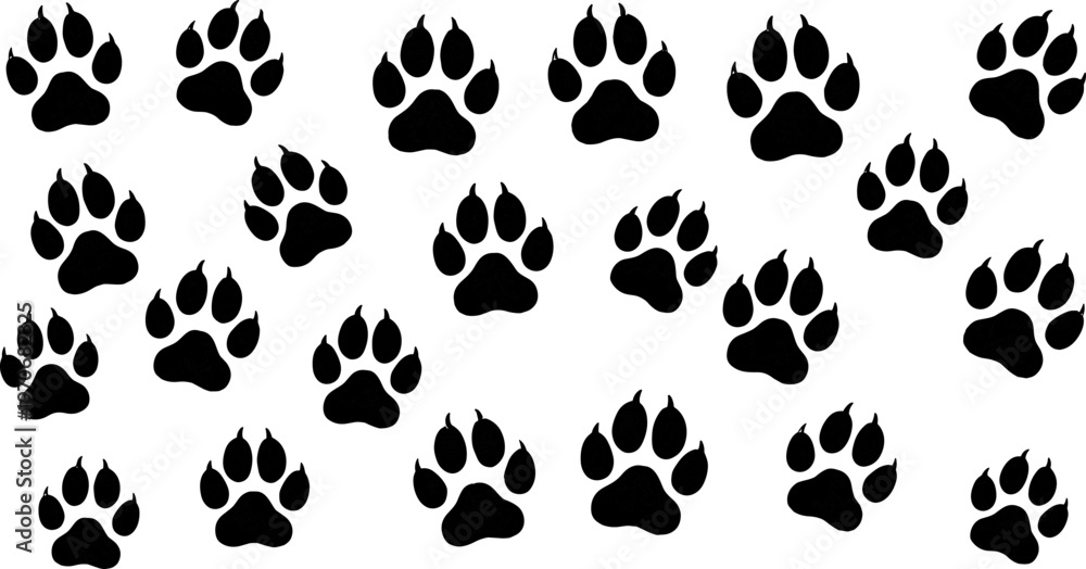 Fototapeta premium Grid of 25 identical paw print icons for animal tracking, pet themes, pattern design, and educational activities