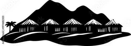 Silhouette of an Indigenous Village with Traditional Huts and High Mountains