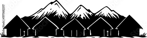 Silhouette of an Indigenous Village with Traditional Huts and High Mountains
