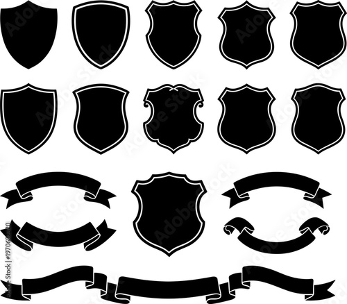 Heraldic shields and ribbon banners silhouette vector illustration featuring ornate shield outlines, decorative emblems, and classic graphic motifs
