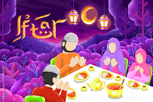 Happy Muslim family gathered around the dining table to enjoy traditional dishes while breaking the fast with beautiful natural views in the afternoon