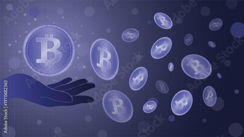Glowing Bitcoin Coins Floating Above Hand on Futuristic Digital Finance Background