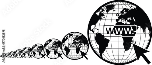 Internet growth icon set with globe, WWW label, and cursor pointer for global connectivity and web design content