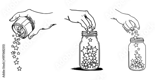 Jar set with hand pouring starlight and magical elements featuring stars, particles, glowing with spirituality and dreams