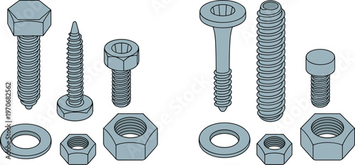 Industrial hardware set featuring metal bolts screws nuts and washers vector illustration isolated on white background for construction engineering design