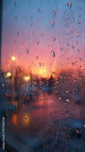 Beautiful Sunset Reflections on a Rainy Window with Raindrops