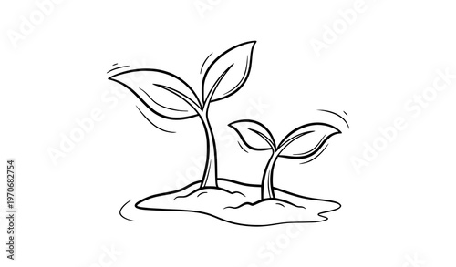 Hand drawn plant sprout line icon vector with two seedlings in soil editable stroke outline style