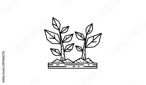 Geometric plant icon vector with two seedlings in soil editable stroke modern line design
