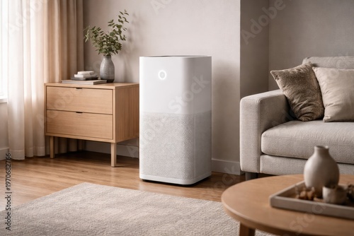 Modern air purifier in bright minimalist living room with natural sunlight and cozy decor
