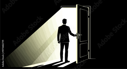 A man in a suit stands at an open door, bathed in bright light, symbolizing new opportunities and the unknown future.