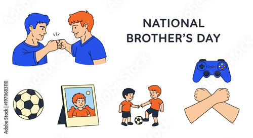 Brothers fistbump in an illustration featuring children playing soccer a blue game controller and a framed portrait