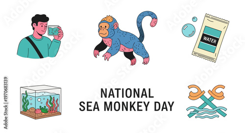 Cartoon icons of a person blue monkey aquarium and water packet celebrating National Sea Monkey Day