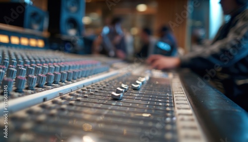 Close-animated movie shot of a sound mixing console with fading faders, showcasing professional audio equipment in a recording studio environment