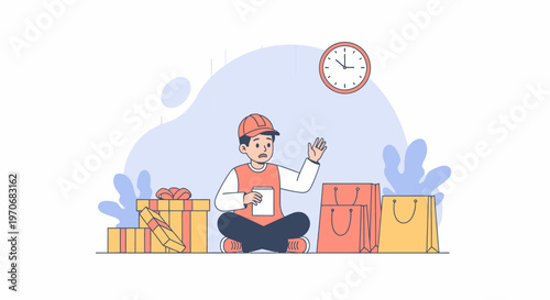 Person seated with shopping bags in colorful retail scene.