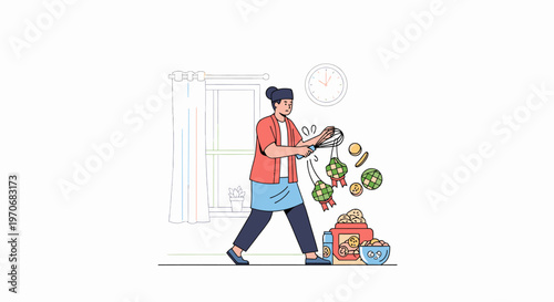 Person Shopping Carrying Groceries And Plants At Doorstep.