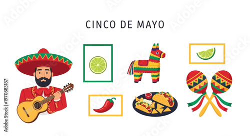 Cinco de Mayo illustration set with a mariachi donkey pinata plate of tacos maracas lime and red chili pepper