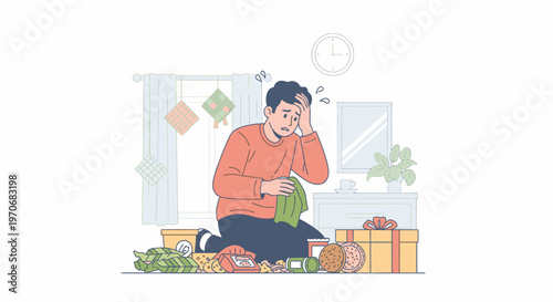 Person sitting on floor surrounded by gifts looking puzzled.