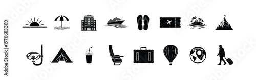 Travel and tourism flat vector icons set holiday vacation black symbols for adventures exploration summer trips and journey planning collection.