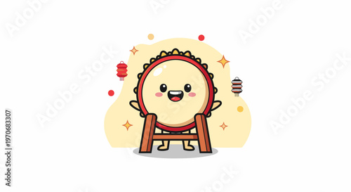 Cute round cartoon character on a ladder.